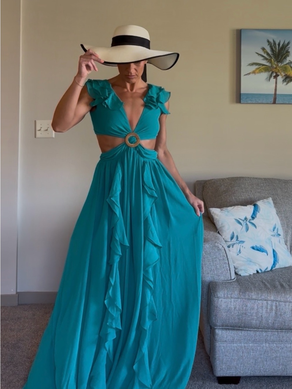 Vici Teal Cutout Ruffle Maxi Dress with Ring Detail